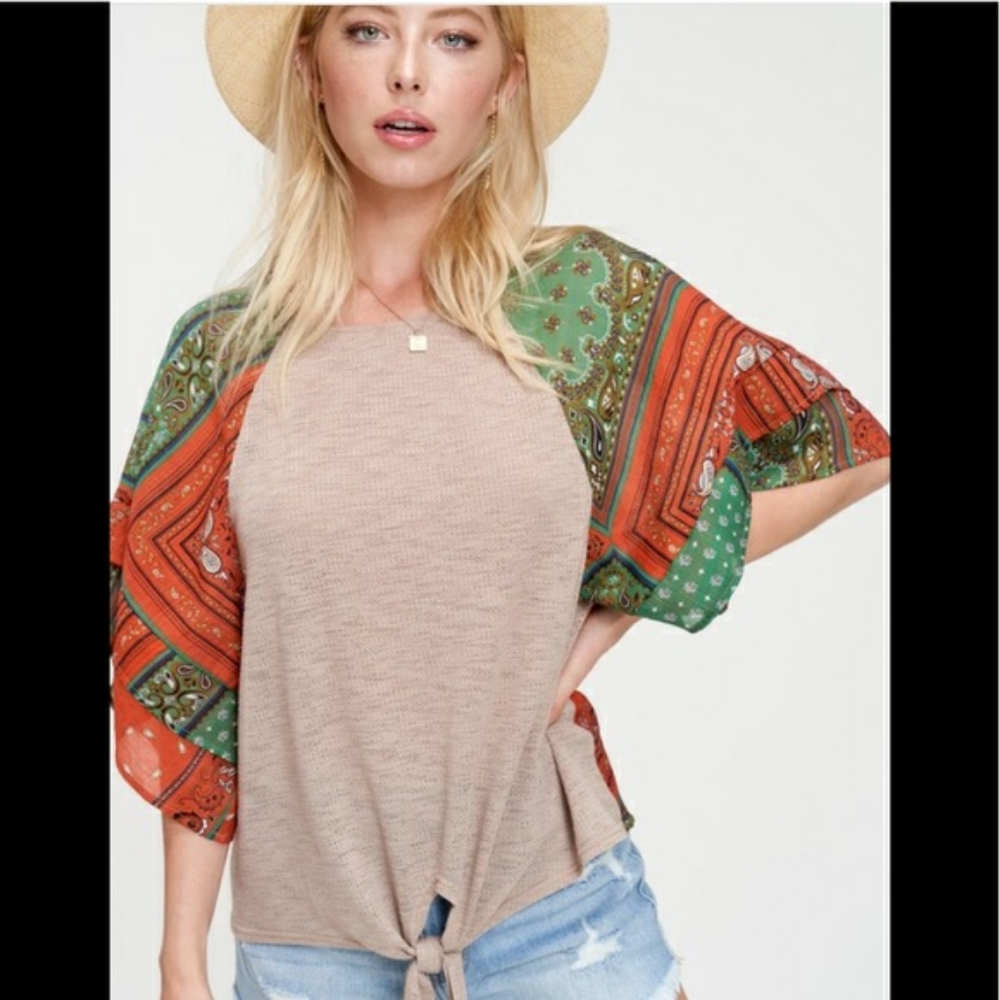 Paisley flutter sleeve tie front top